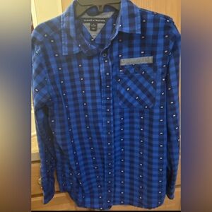 Boys Tommy Hilfiger M 12-14  Blue Plaid, Long Sleeve Button Down Shirt